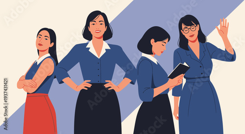 Four diverse professional women standing together, depicting strength, confidence, and collaboration in a business setting.