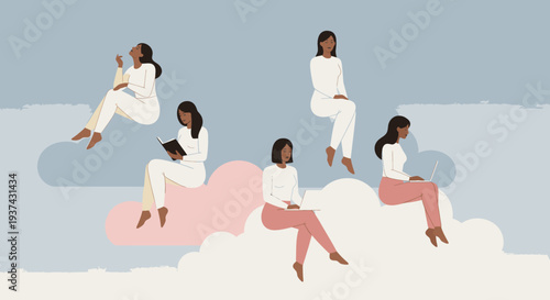 Illustration of multiple women in various poses, some reading, some reflecting, all amidst soft clouds in a peaceful blue sky.