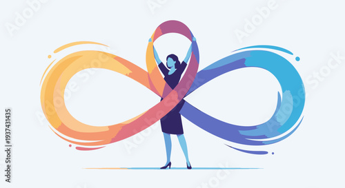 Woman holding a vibrant, colorful infinity symbol representing neurodiversity and autism awareness.