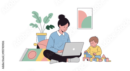 An illustration of a woman working on her laptop while sitting on the floor next to a young child playing with colorful building blocks at home.