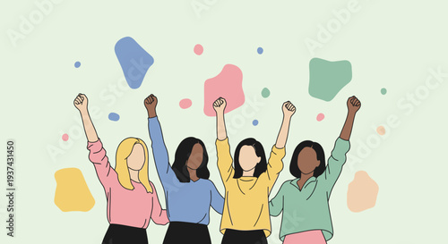 Four diverse women raising fists in unity and empowerment, celebrating sisterhood and collective strength.