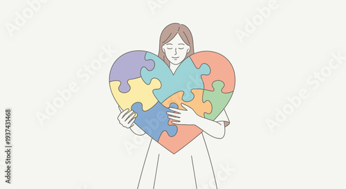 A serene person holding a large heart-shaped puzzle with colorful pieces, symbolizing unity, love, and connection.