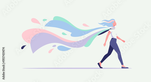 A stylized illustration of a woman walking with a flowing, colorful abstract trail emanating from her back, representing creativity or freedom.
