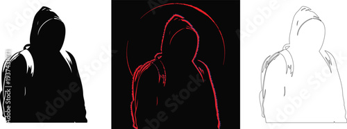 Three different illustrations of a mysterious hacker figure wearing a hoodie, cybersecurity and anonymity concept