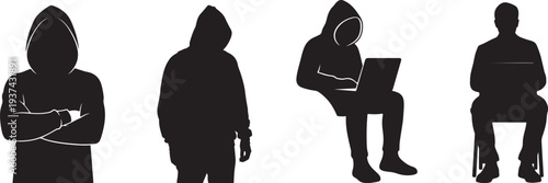 Set of four hacker silhouettes, anonymous figures in hoodies, internet crime and cybersecurity concepts