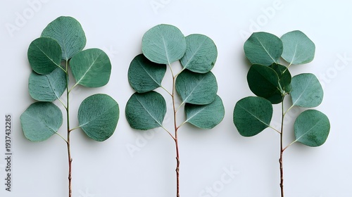 Three eucalyptus branches with round green leaves arranged neatly on a white background.