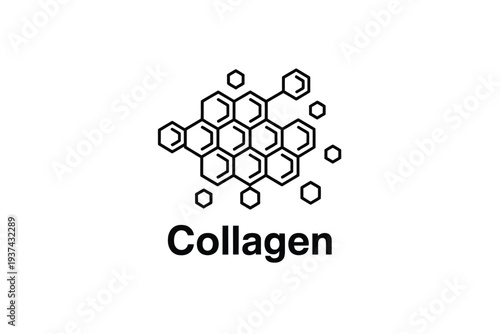 Collagen molecular structure illustration with hexagons and chemical bonds on white background