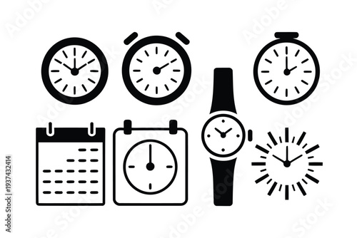 Time Management Icons, Clocks, Watches, Calendars, and Timers for Scheduling and Organization