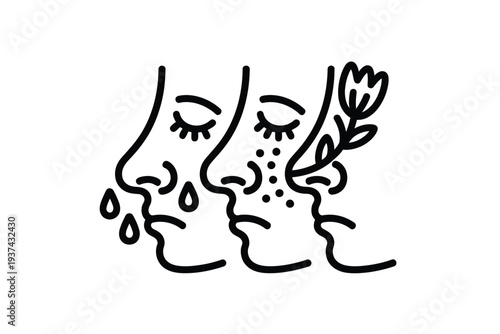 Minimalist Line Art of Smelling Flower with Various Facial Expressions