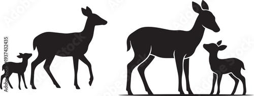Deer family silhouette vector featuring a doe with fawns in a simple flat black wildlife illustration, ideal for nature, forest, and wildlife themed design projects.