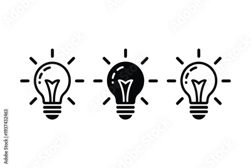 Three bright light bulbs are illuminated against a white background, symbolizing innovation and new ideas.