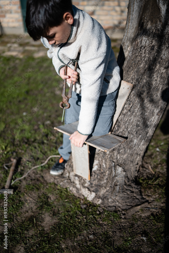 Obraz premium Boy building wooden birdhouse in yard using tools