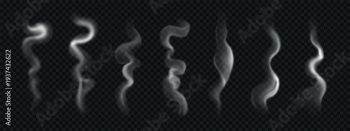 Realistic smoke from hot coffee, tea, food. Rising, wavy steam isolated on transparent background