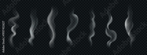 Hot steam rises from coffee, food. White swirling smoke and vapor isolated on dark backdrop