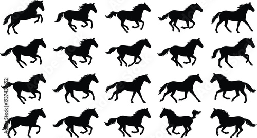 Running horse silhouette collection galloping horse set wild animal movement black vector illustration isolated design