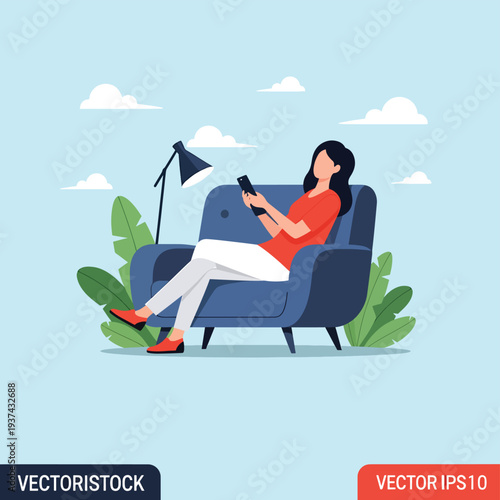 Woman Relaxing on Sofa with Mobile Phone.