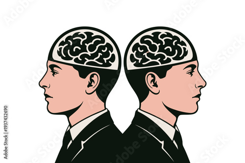 Businessmen with Exposed Brain Hemispheres Facing Each Other in Profile