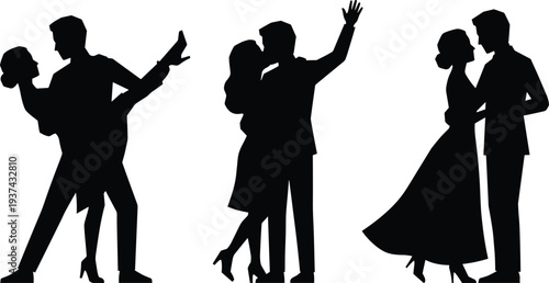 Romantic dancing couple silhouettes performing ballroom tango dance isolated on white background elegant love movement celebration illustration concept