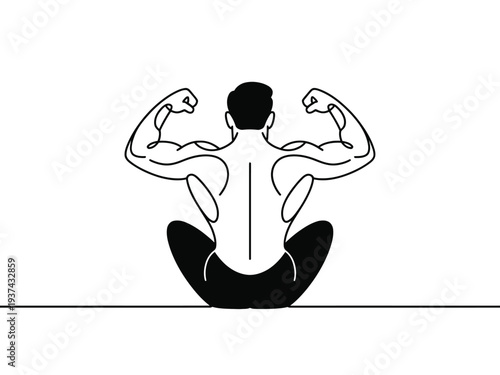 Strong Man Flexing Muscles Sitting Down in Black and White Illustration