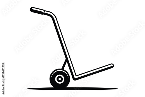 A simple black and white illustration depicts a hand truck with two wheels, ready for moving heavy loads.