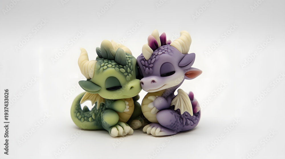 Fototapeta premium Two Adorable Dragon Figurines - A Green and a Purple Dragon Cuddle Together on a White Background.