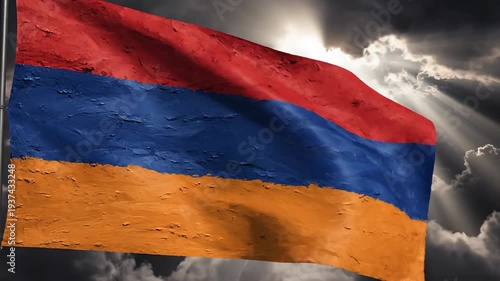 A textured, striped flag of red, blue, and orange against a dramatic sky with sun rays bursting through the clouds