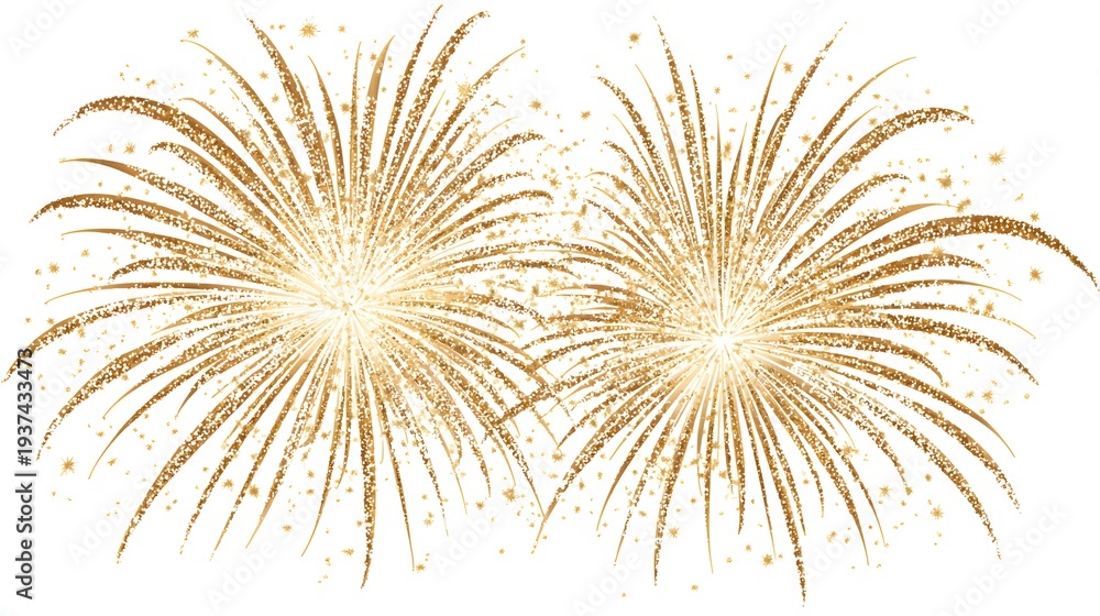 Obraz premium Two golden fireworks exploding in the night sky with bright sparks and light.