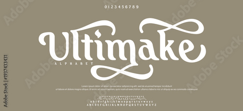 Ultimake Elegant font alphabet uppercase lowercase and number. Classic lettering minimal fashion designs. Typography modern serif fonts regular decorative vintage concept. Vector illustration