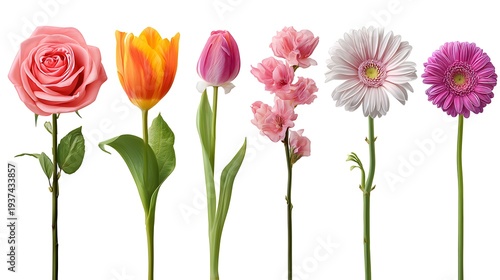 Vibrant assortment of fresh cut flowers with long stems on a white background.