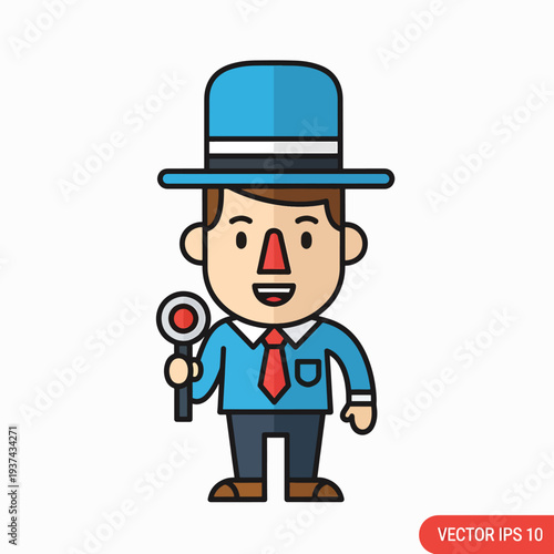 Cartoon Detective Man with Magnifying Glass.