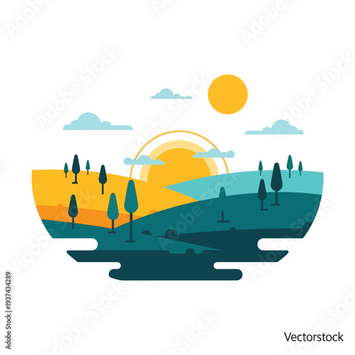 Stylized Landscape with Trees and Sun.