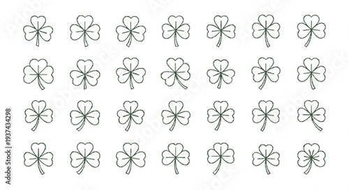 Collection of black outlined clover leaf icons on white background for luck and design