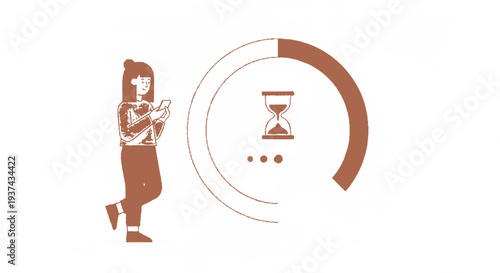 Woman standing with clipboard near large circular timer and hourglass symbolizing time management and productivity in a simple illustration