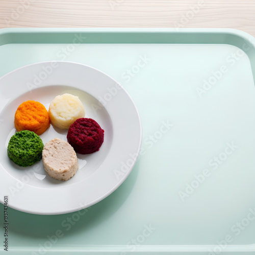 Shallow plate with neatly separated portions of pureed vegetables and protein placed on the left third of a pale mint hospital tray, wide empty right area as negative space.