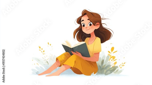 Wallpaper Mural Girl reading book sitting on ground with plants Torontodigital.ca