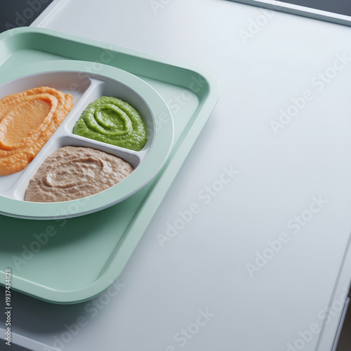 Shallow plate with neatly separated portions of pureed vegetables and protein placed on the left third of a pale mint hospital tray, wide empty right area as negative space.