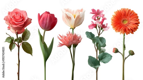 Vibrant collection of five different colorful flowers isolated on a clean white background.