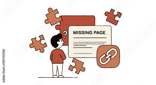 Person standing next to a large document with missing page puzzle pieces and a broken link icon symbolizing error or missing information