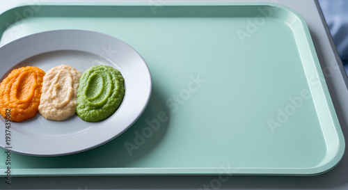 Shallow plate with neatly separated portions of pureed vegetables and protein placed on the left third of a pale mint hospital tray, wide empty right area as negative space.