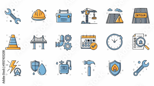 Construction tools and equipment icons.