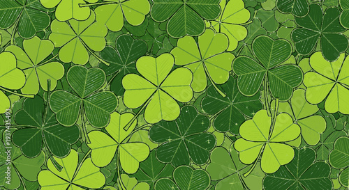 Vibrant green clover leaves with intricate details sprawl across a lush natural background symbolizing growth and luck