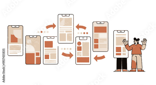 Two people interacting with mobile devices showing various app screens and user interface elements in a collaborative workflow illustration