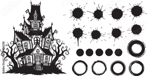 Haunted house silhouette and ink splatters for spooky Halloween designs