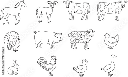 Farm animal line art collection: horse, goat, cow, pig, sheep, chicken, duck