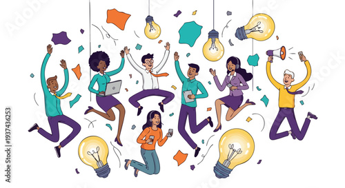 Diverse agile team celebrating a breakthrough innovation and successful product launch in a vibrant corporate environment