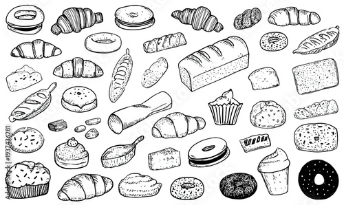 Wallpaper Mural Assortment of sketched baked goods, including bread, pastries, and donuts, on a black background Torontodigital.ca