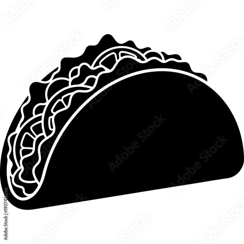 Traditional hard-shell taco filled with savory meat, fresh lettuce, and cheese, presented as a bold black silhouette vector graphic.
