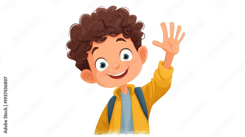 custom made wallpaper toronto digitalHappy curly-haired boy waving with a bright yellow jacket and blue backpack