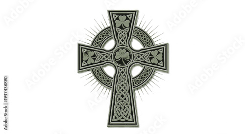 Intricate celtic cross illustration with ornate patterns and circular halo on white background symbolizing spirituality and heritage