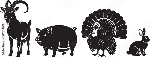Farm Animal Silhouettes: Goat, Pig, Turkey, Rabbit